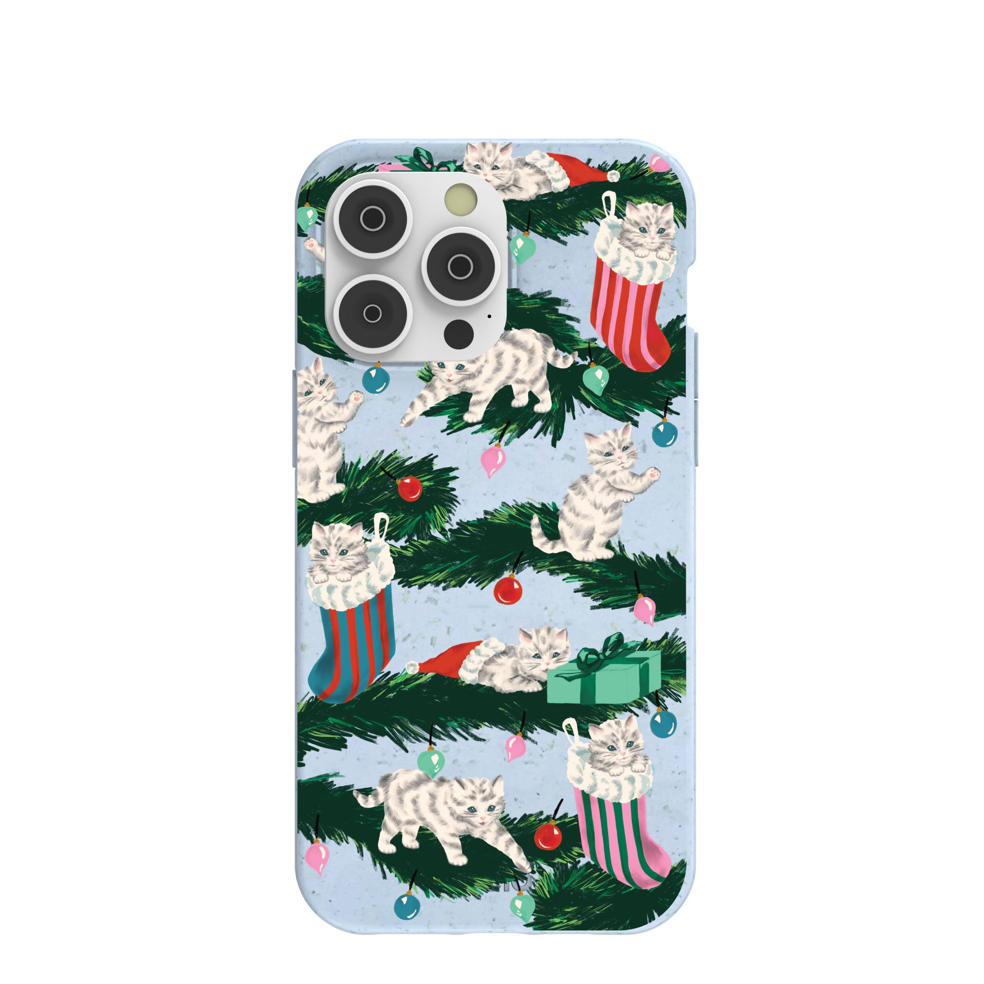 Powder Blue Christmas Kittens iPhone 14 Pro Max Case