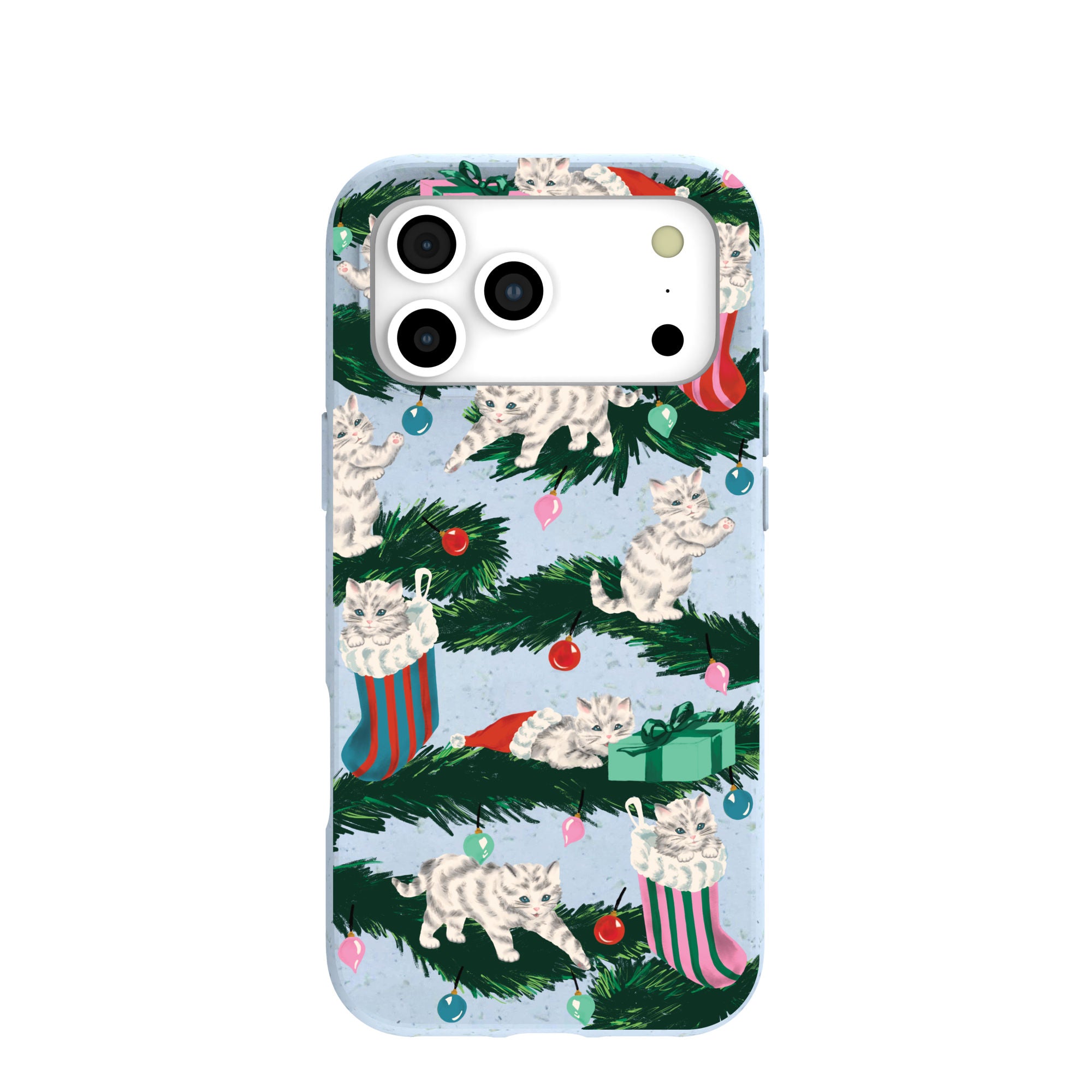 Powder Blue Christmas Kittens iPhone 17 Pro Max Case