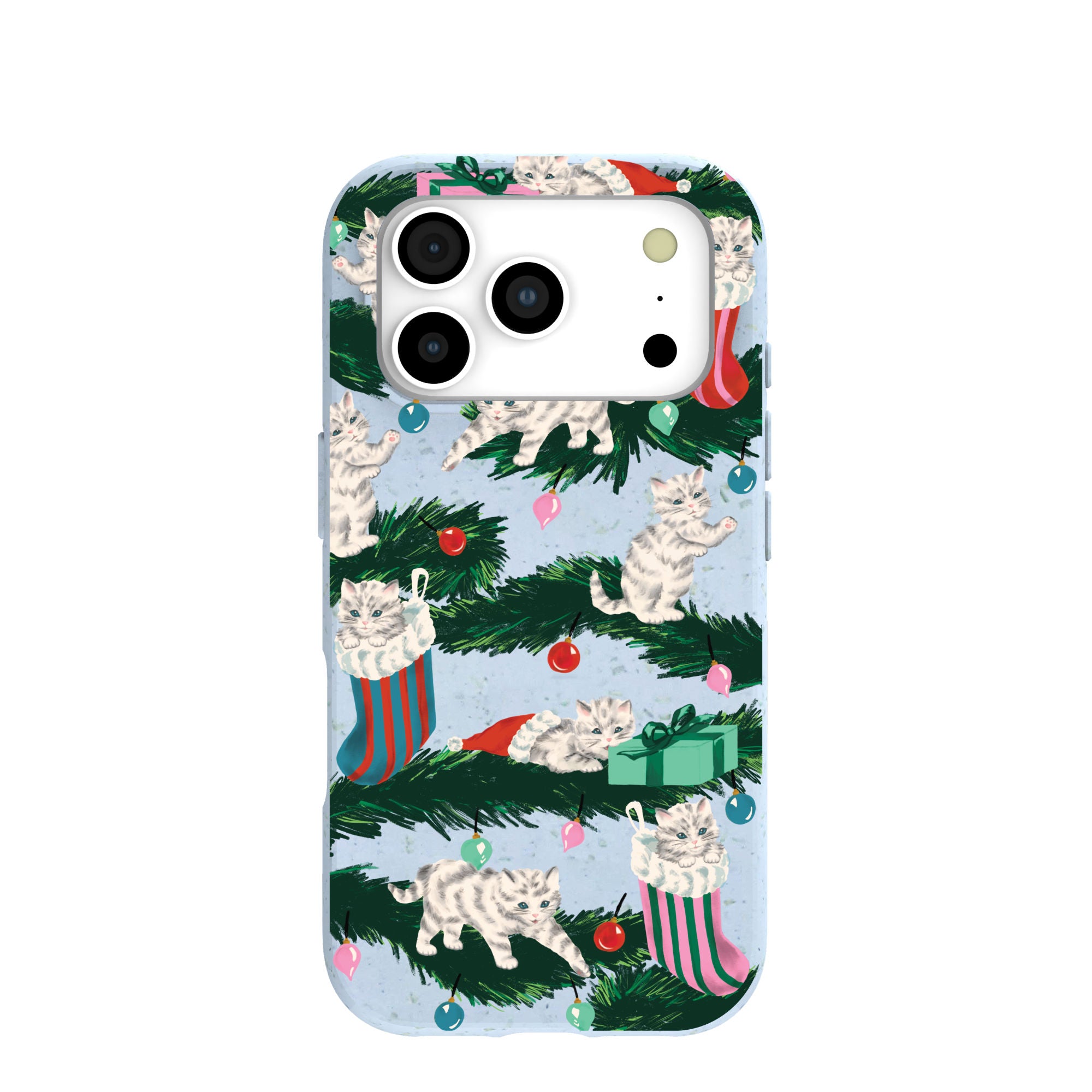 Powder Blue Christmas Kittens iPhone 17 Pro Case