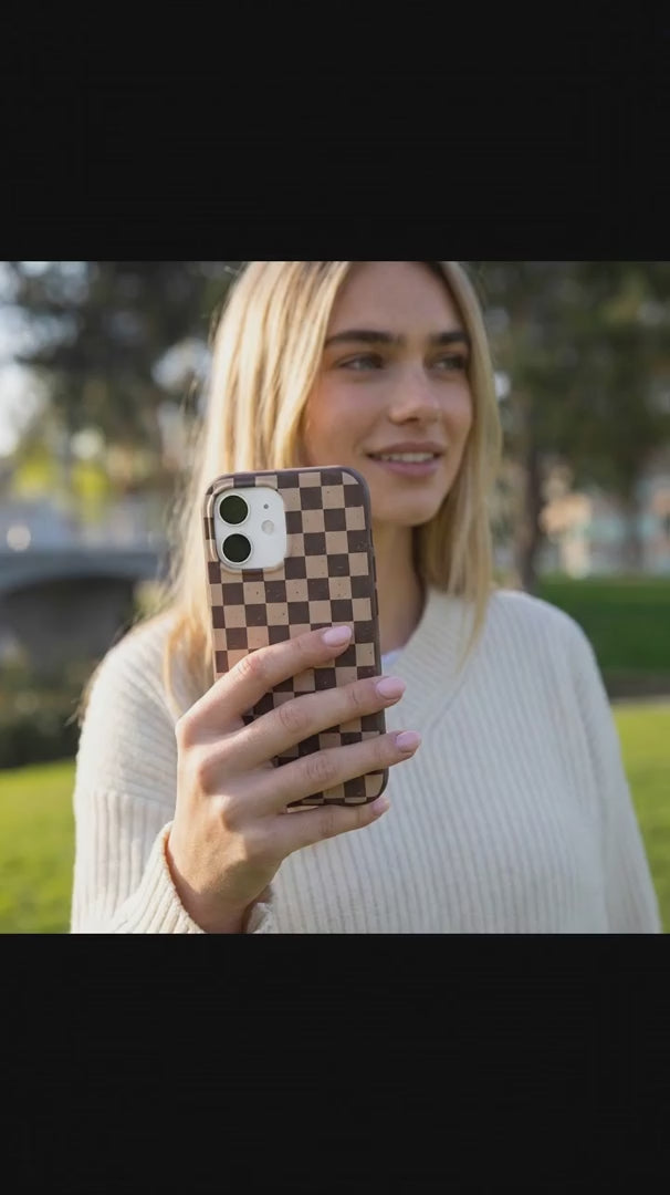 Chocolate Brown Latte Check iPhone 15 Case - Product video demonstration