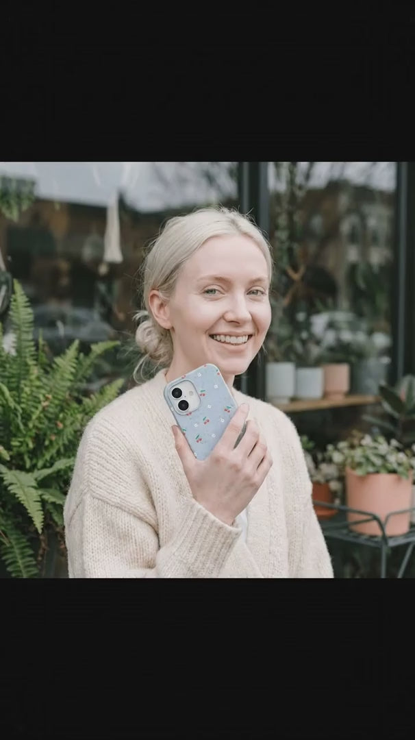 Powder Blue Sweet Cherries iPhone 16 Pro Max Case - Product video demonstration